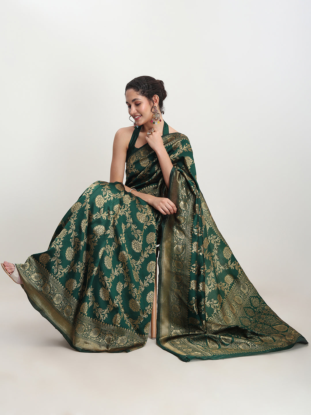 Janasya Dark Green Silk Blend Floral Jacquard Grab2Buy 