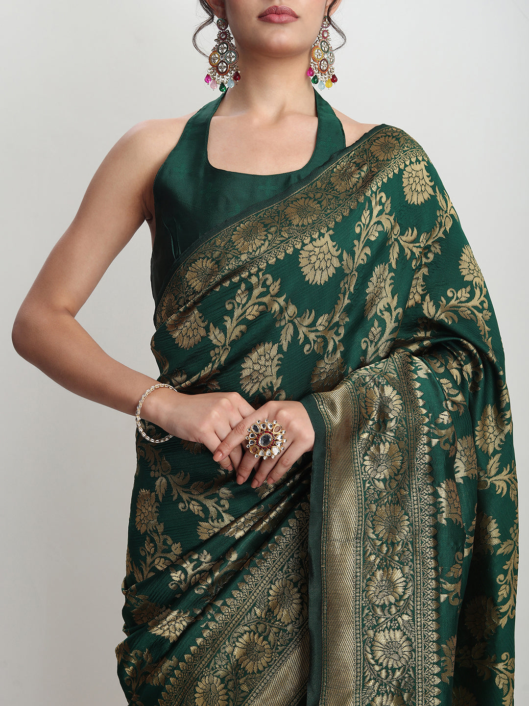 Janasya Dark Green Silk Blend Floral Jacquard Grab2Buy 