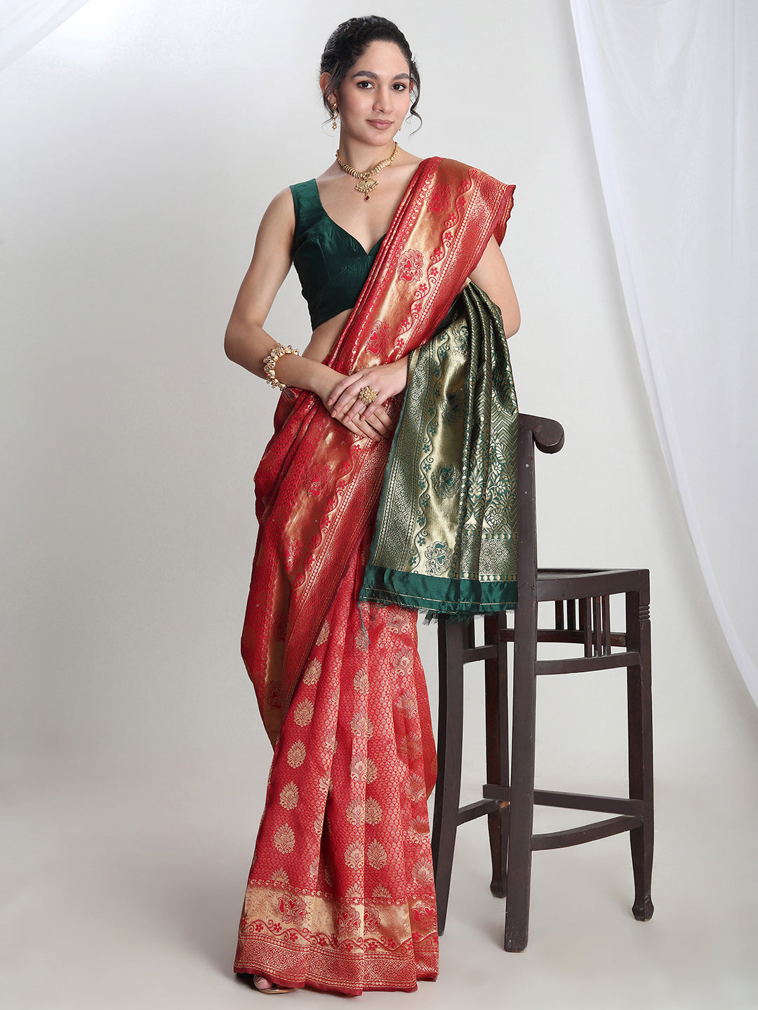 Janasya Red Silk Blend Ethnic Motifs Jacquard Grab2Buy 