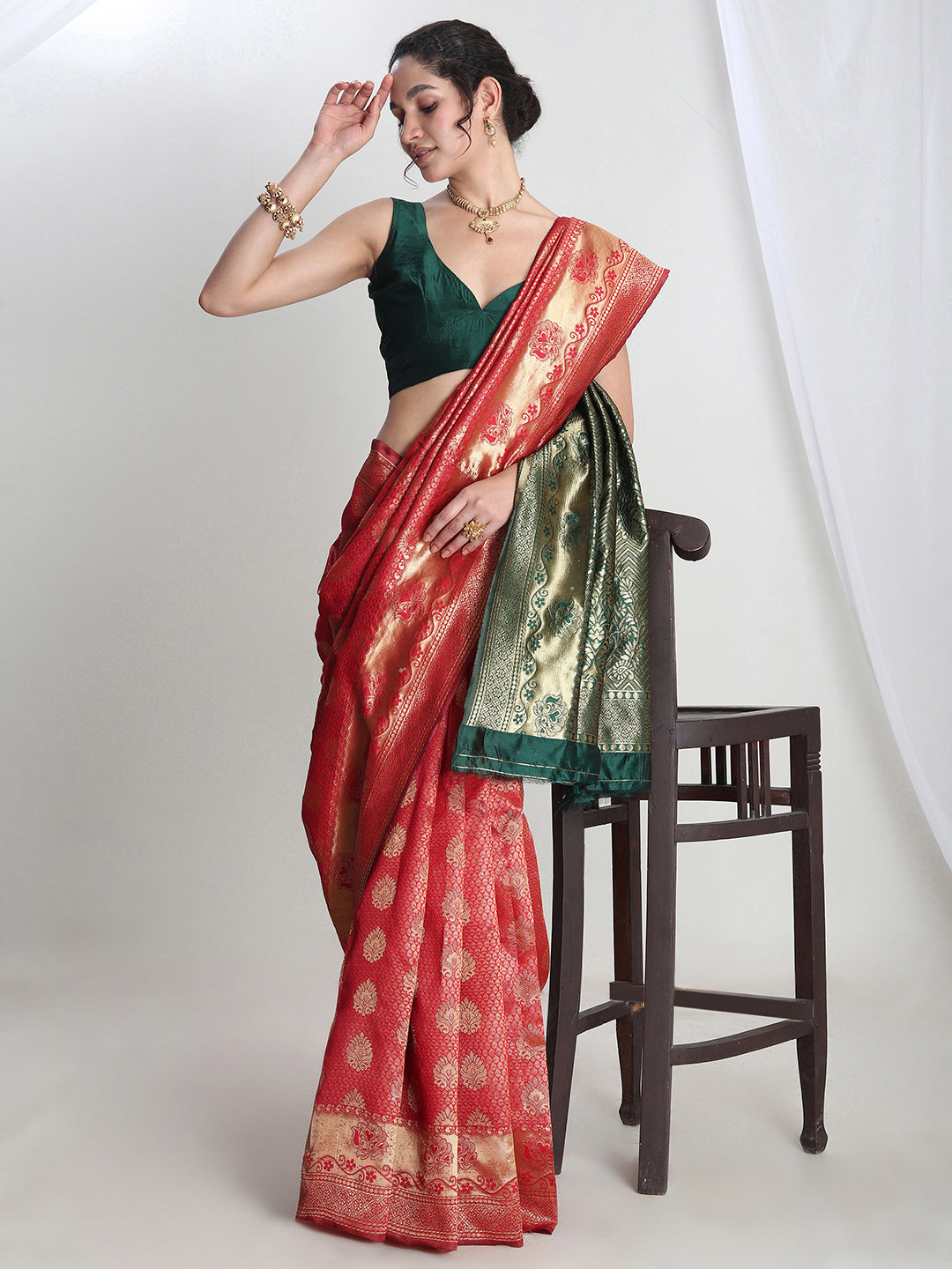 Janasya Red Silk Blend Ethnic Motifs Jacquard Grab2Buy 