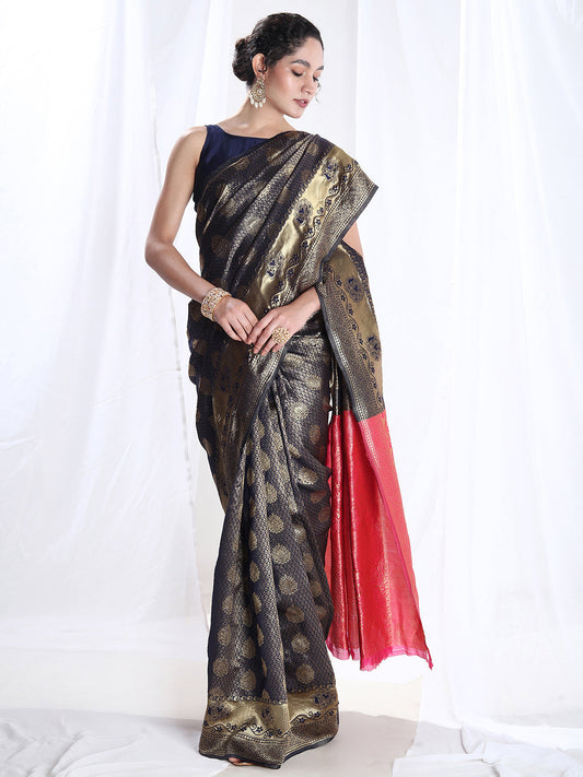 Janasya Navy Blue Silk Blend Ethnic Motifs Jacquard Grab2Buy 
