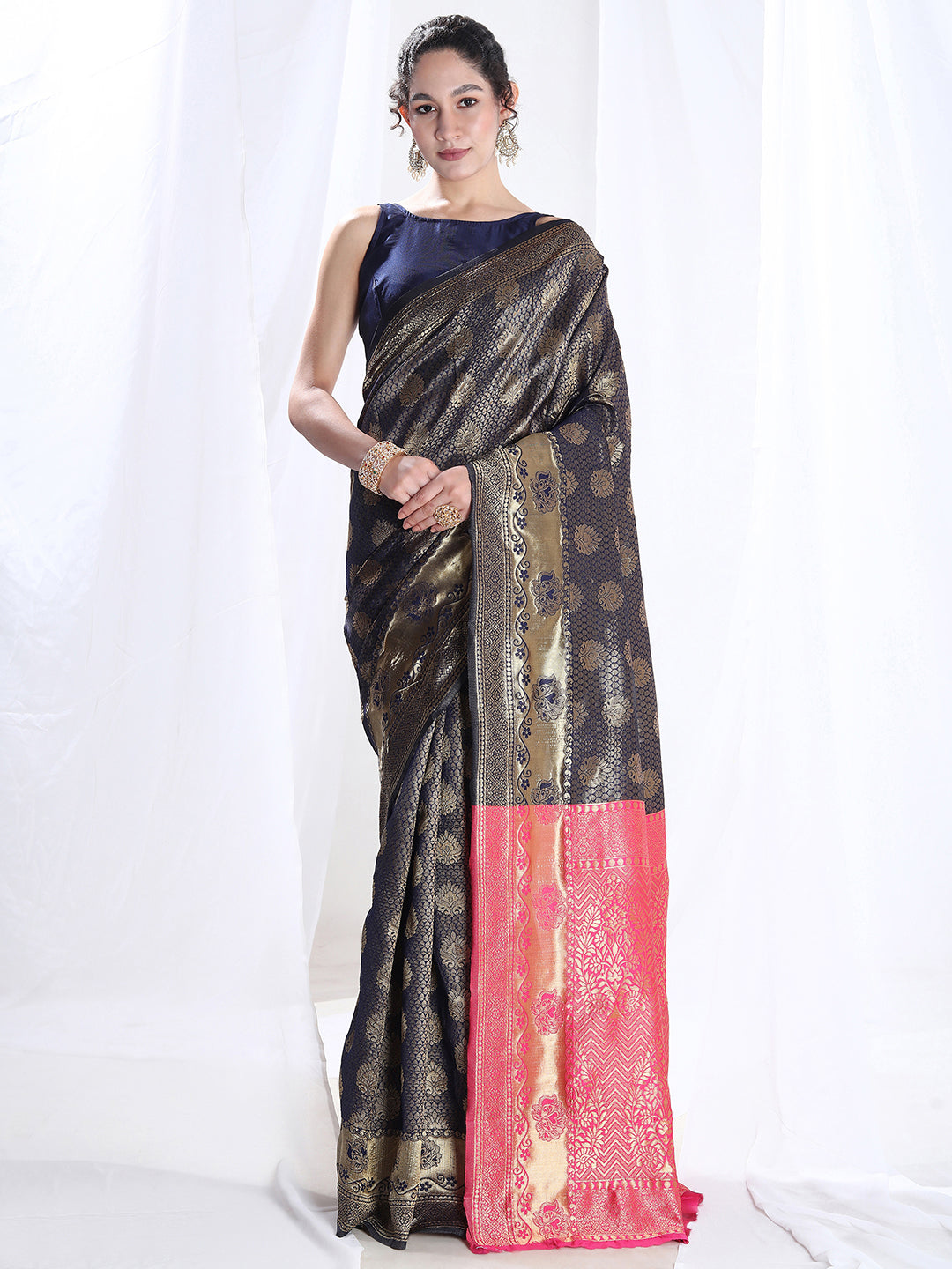 Janasya Navy Blue Silk Blend Ethnic Motifs Jacquard Grab2Buy 