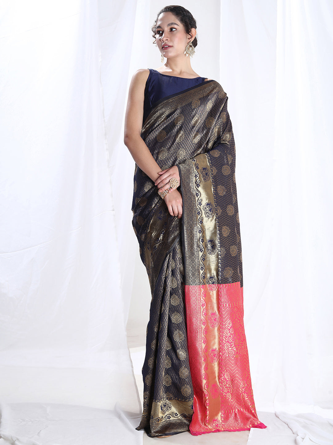 Janasya Navy Blue Silk Blend Ethnic Motifs Jacquard Grab2Buy 