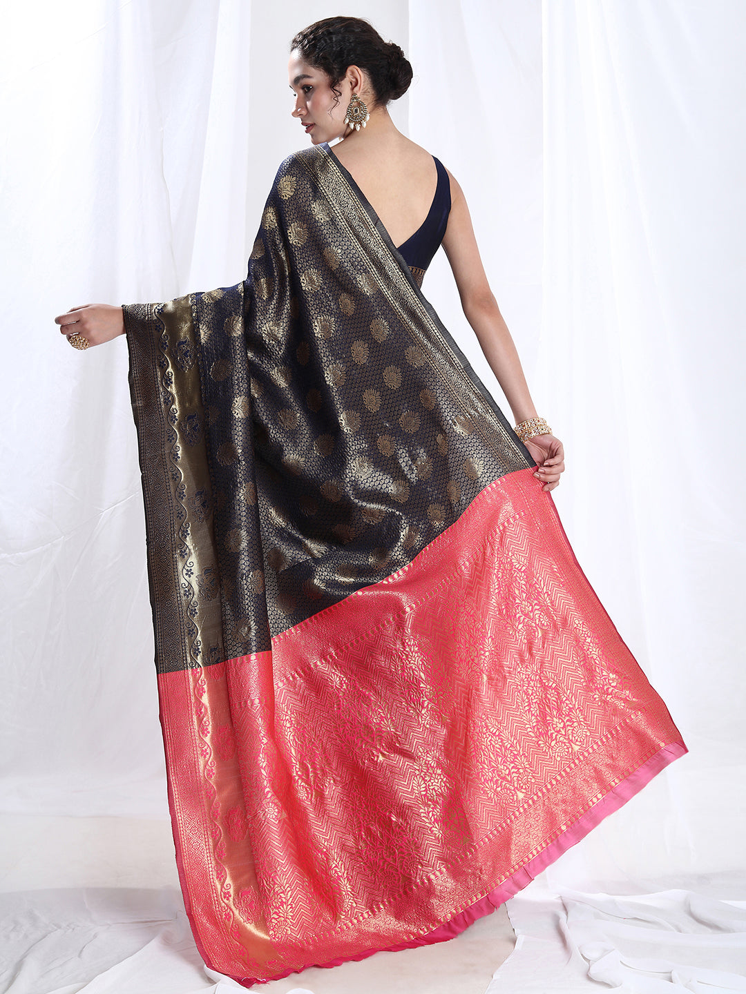 Janasya Navy Blue Silk Blend Ethnic Motifs Jacquard Grab2Buy 