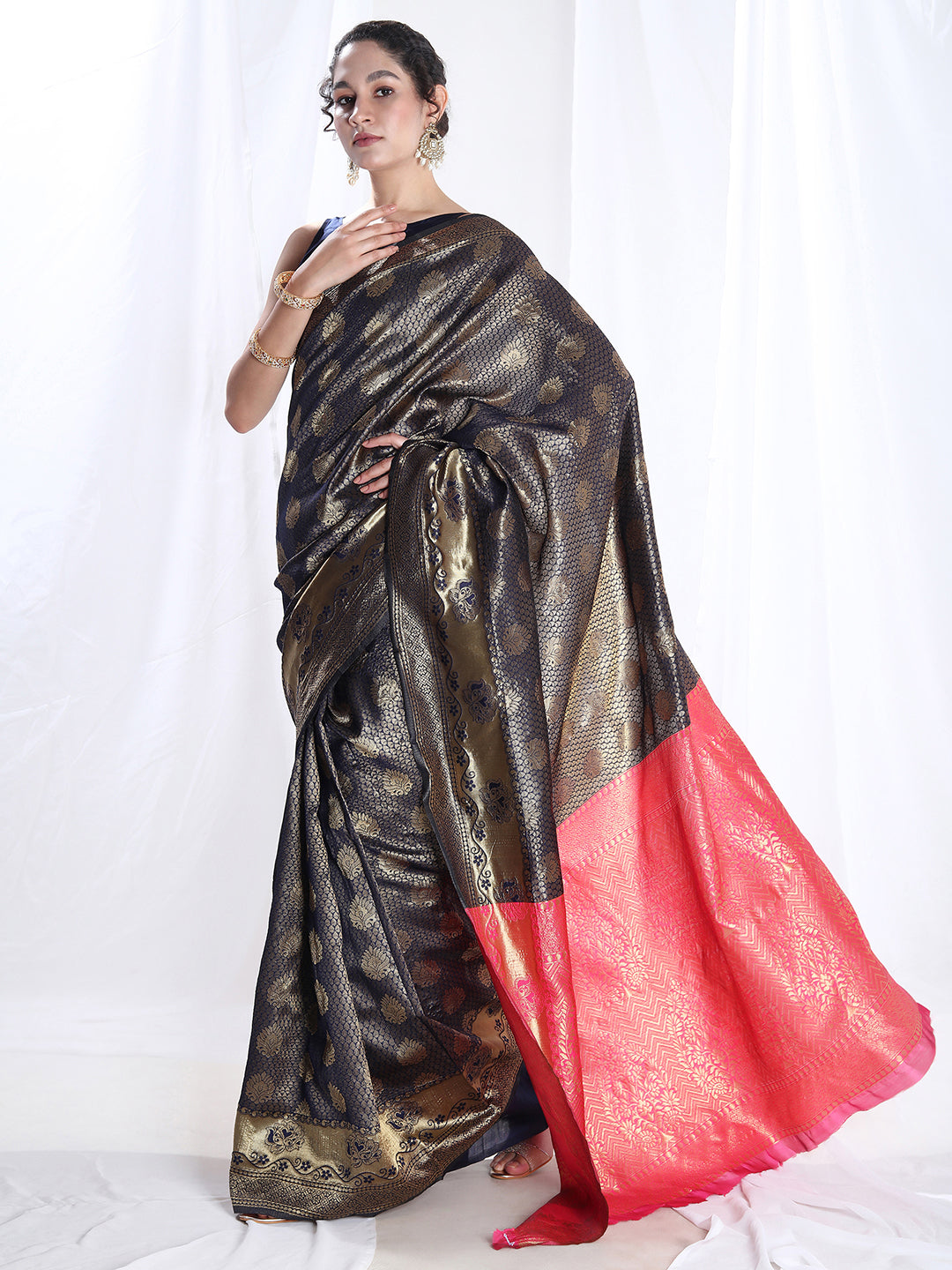 Janasya Navy Blue Silk Blend Ethnic Motifs Jacquard Grab2Buy 