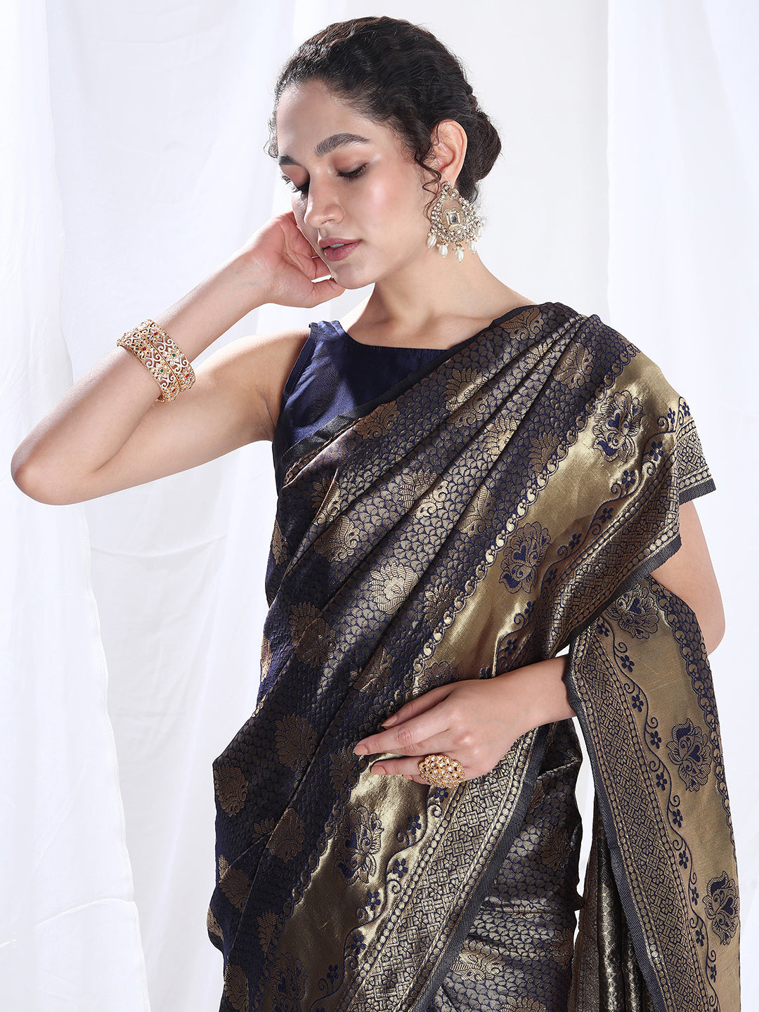 Janasya Navy Blue Silk Blend Ethnic Motifs Jacquard Grab2Buy 