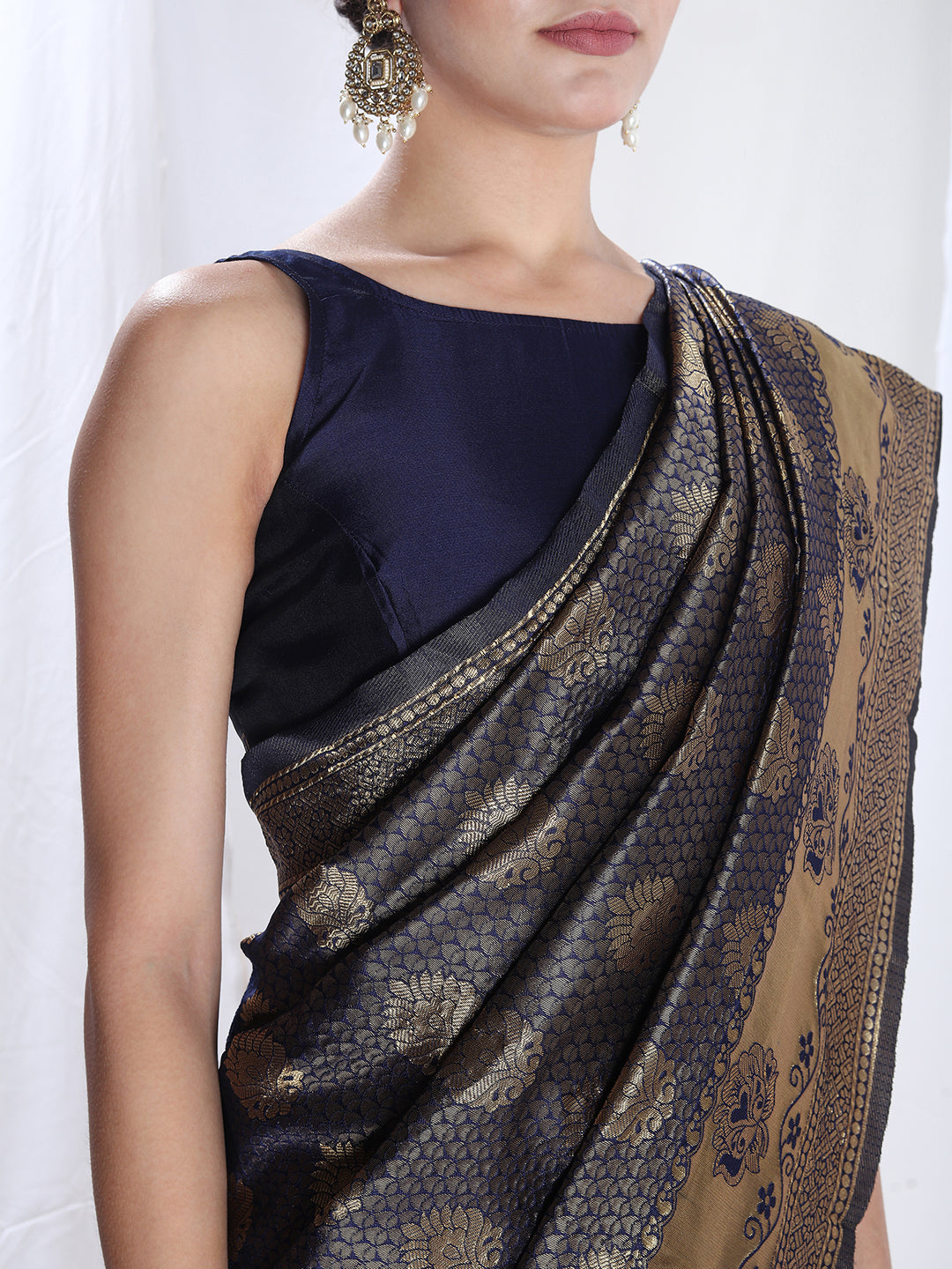 Janasya Navy Blue Silk Blend Ethnic Motifs Jacquard Grab2Buy 