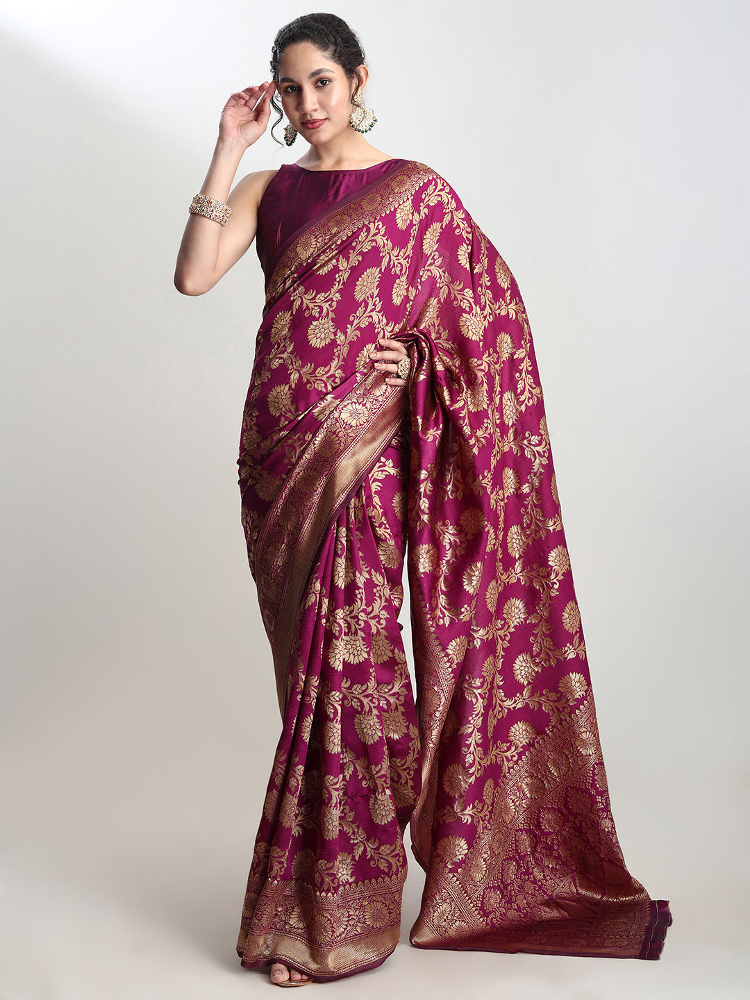 Janasya Purple Silk Blend Floral Jacquard Grab2Buy 