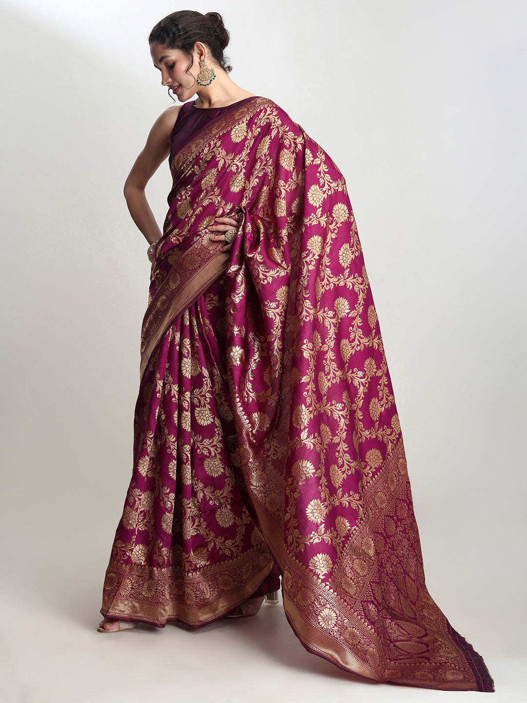 Janasya Purple Silk Blend Floral Jacquard Grab2Buy 