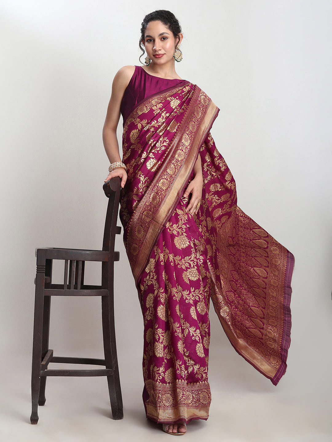 Janasya Purple Silk Blend Floral Jacquard Grab2Buy 
