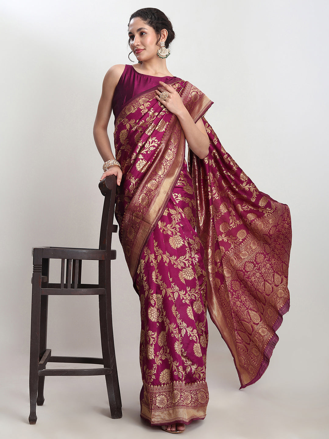 Janasya Purple Silk Blend Floral Jacquard Grab2Buy 