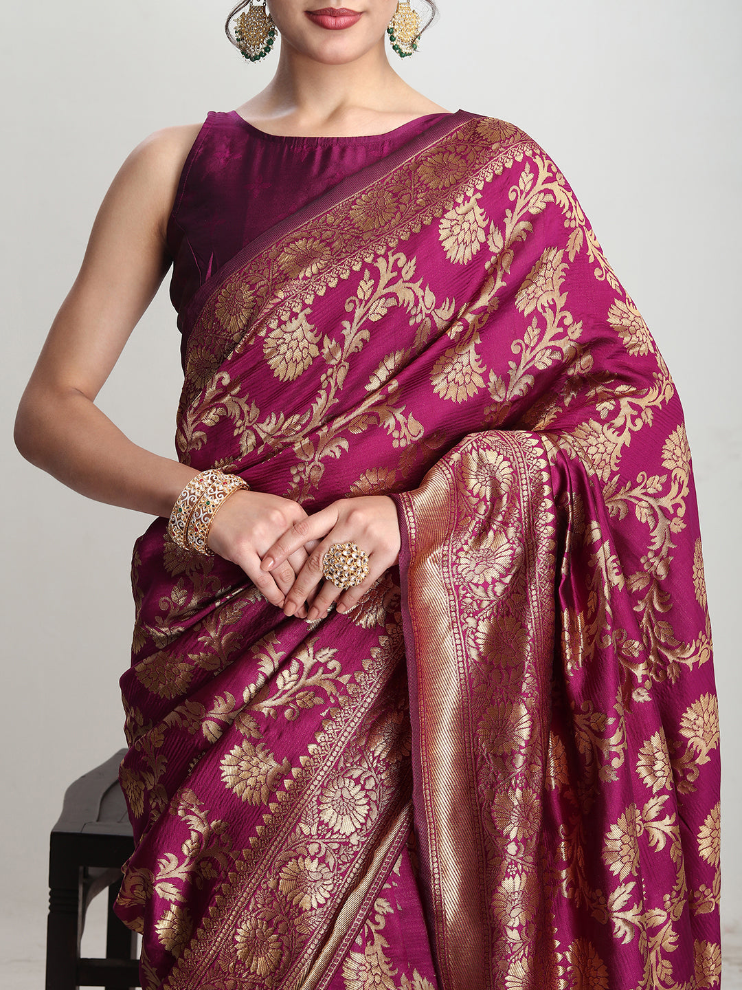 Janasya Purple Silk Blend Floral Jacquard Grab2Buy 
