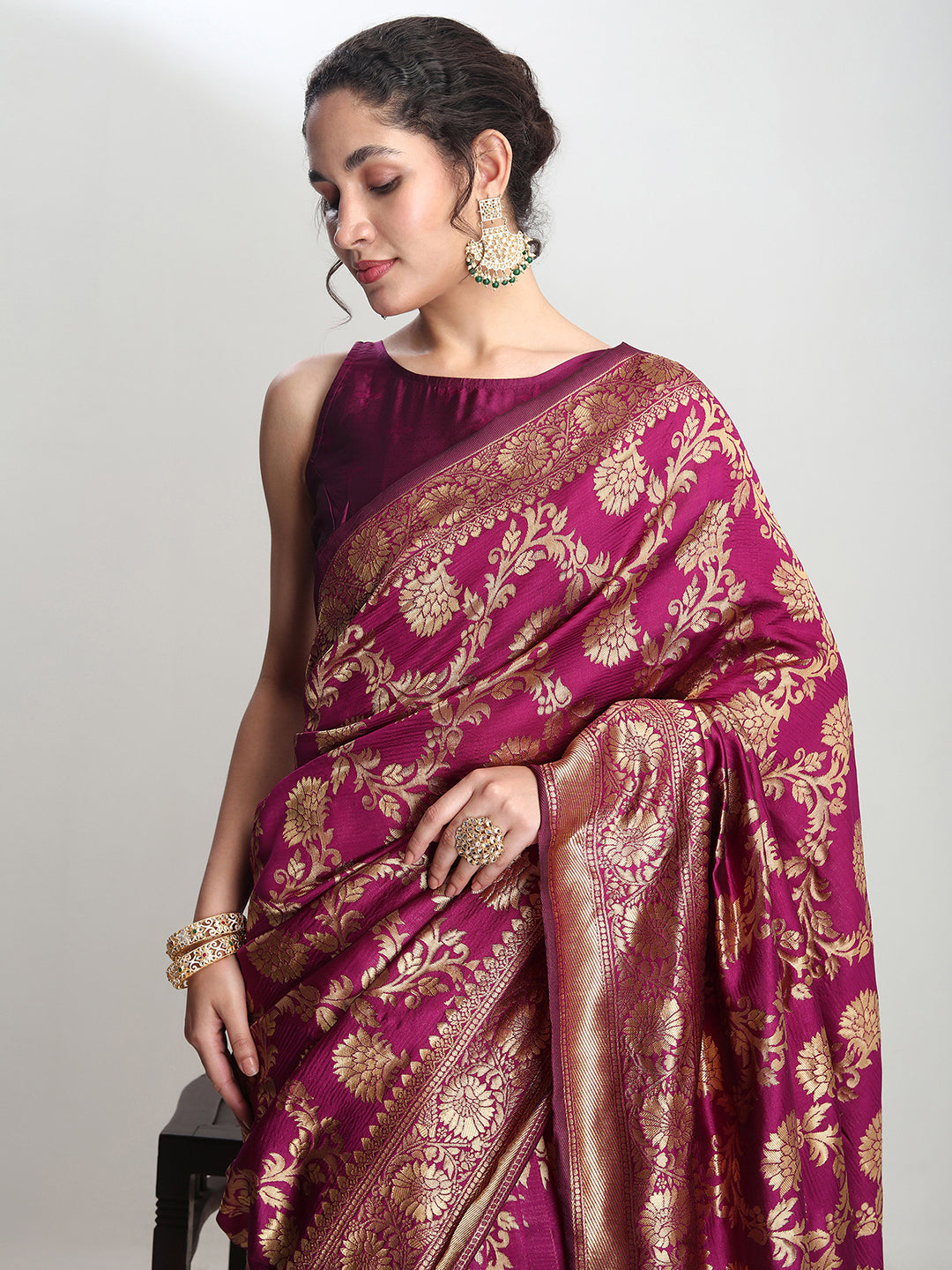 Janasya Purple Silk Blend Floral Jacquard Grab2Buy 