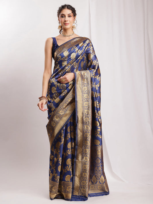 Janasya Navy Blue Silk Blend Floral Jacquard Grab2Buy