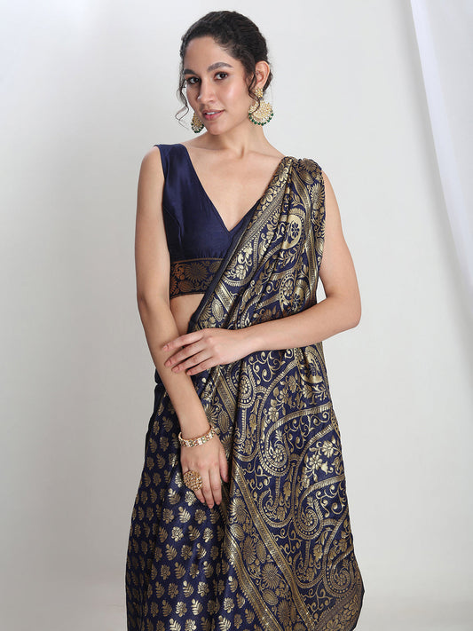 Janasya Navy Blue Silk Blend Geometric Jacquard Grab2Buy 