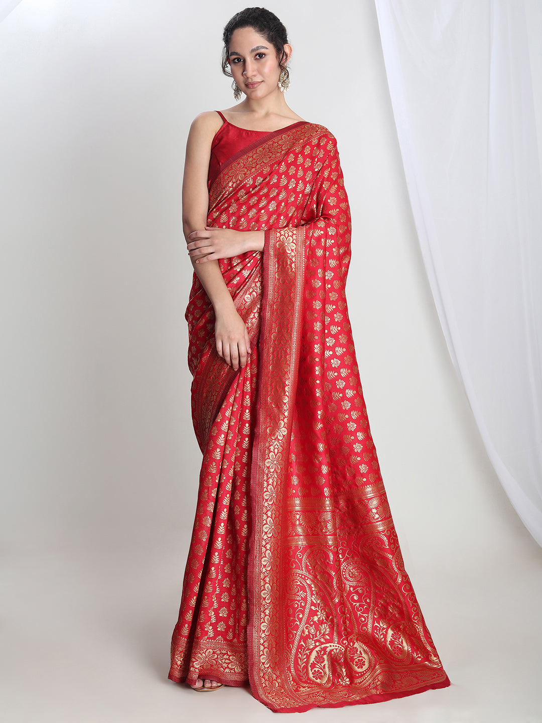 Janasya Red Silk Blend Floral Jacquard Grab2Buy 