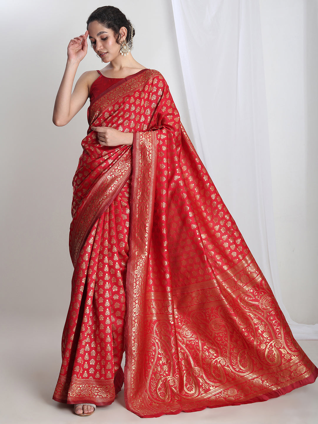 Janasya Red Silk Blend Floral Jacquard Grab2Buy 