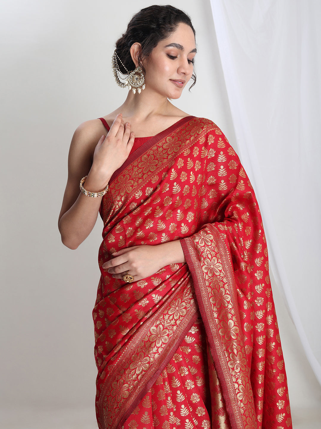 Janasya Red Silk Blend Floral Jacquard Grab2Buy 