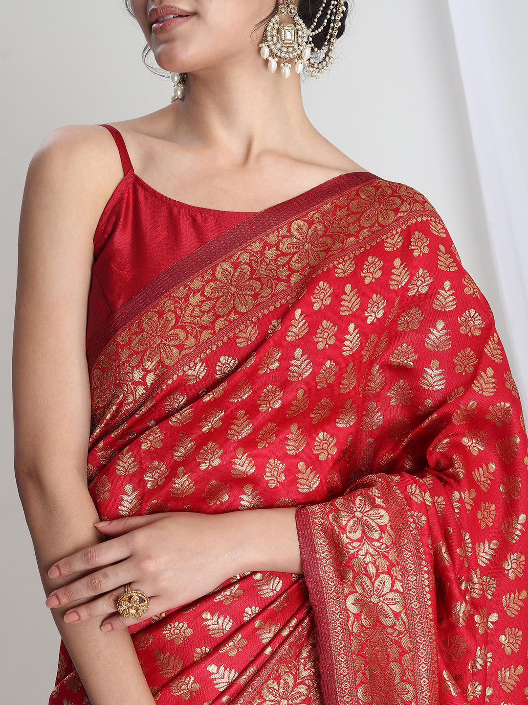 Janasya Red Silk Blend Floral Jacquard Grab2Buy 