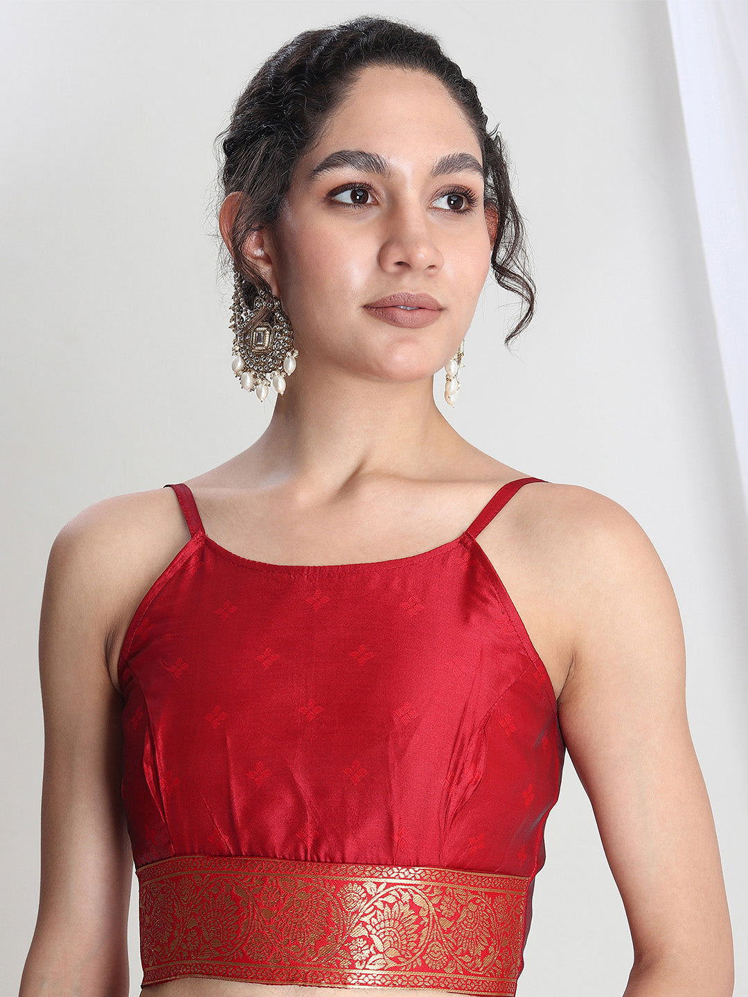 Janasya Red Silk Blend Floral Jacquard Grab2Buy 