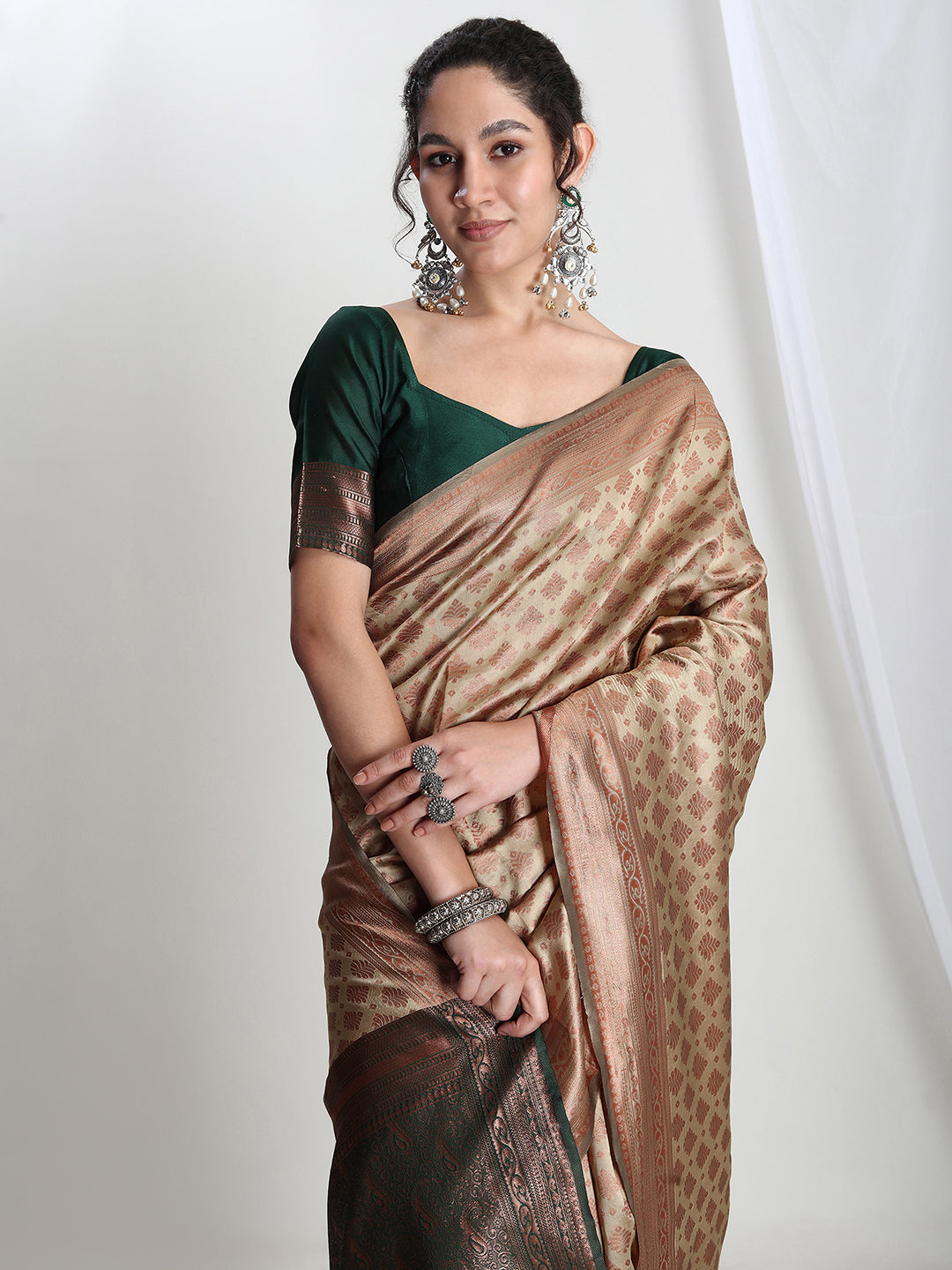 Janasya Beige Silk Blend Ethnic Motifs Jacquard Grab2Buy 
