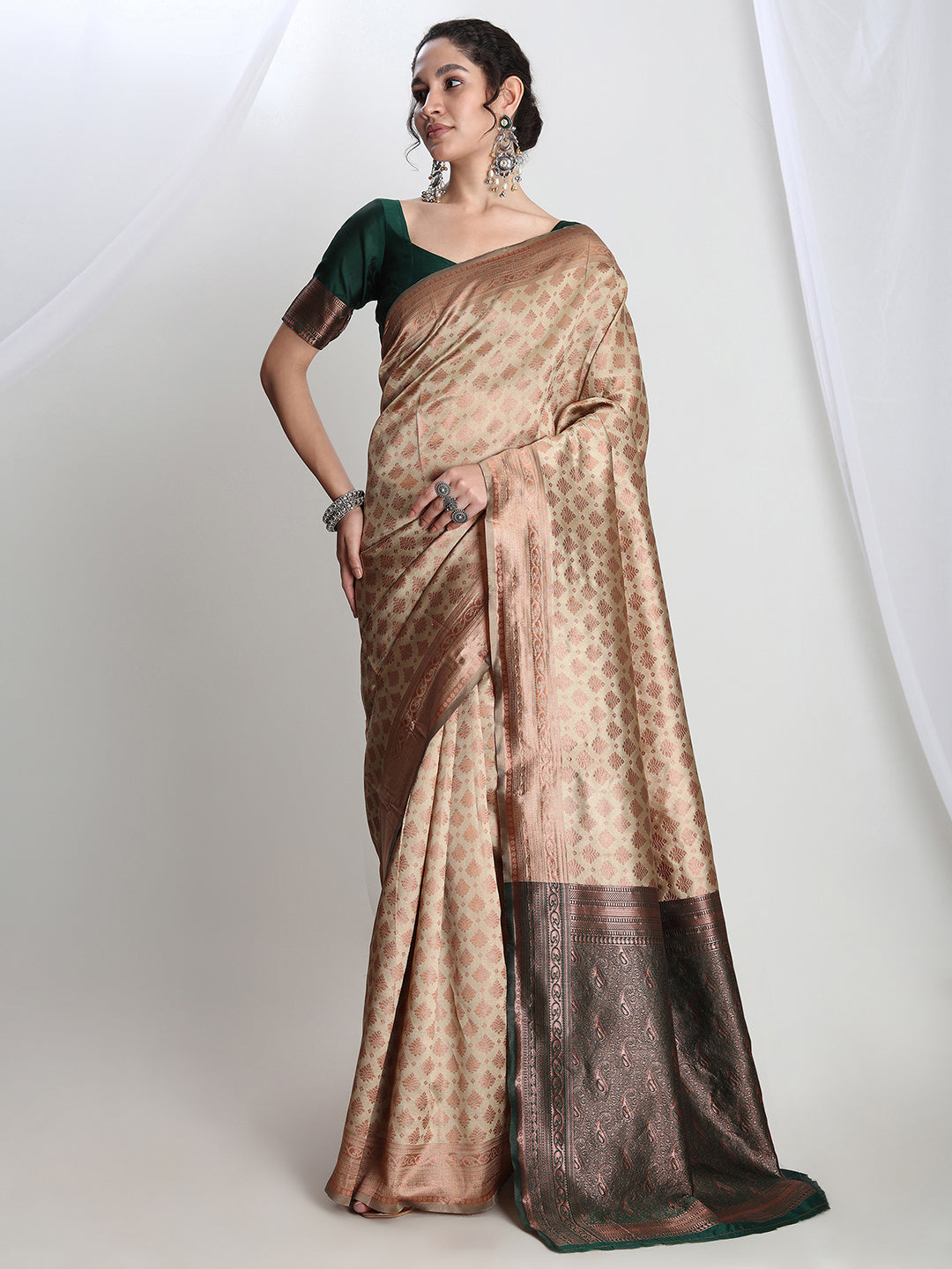 Janasya Beige Silk Blend Ethnic Motifs Jacquard Grab2Buy 