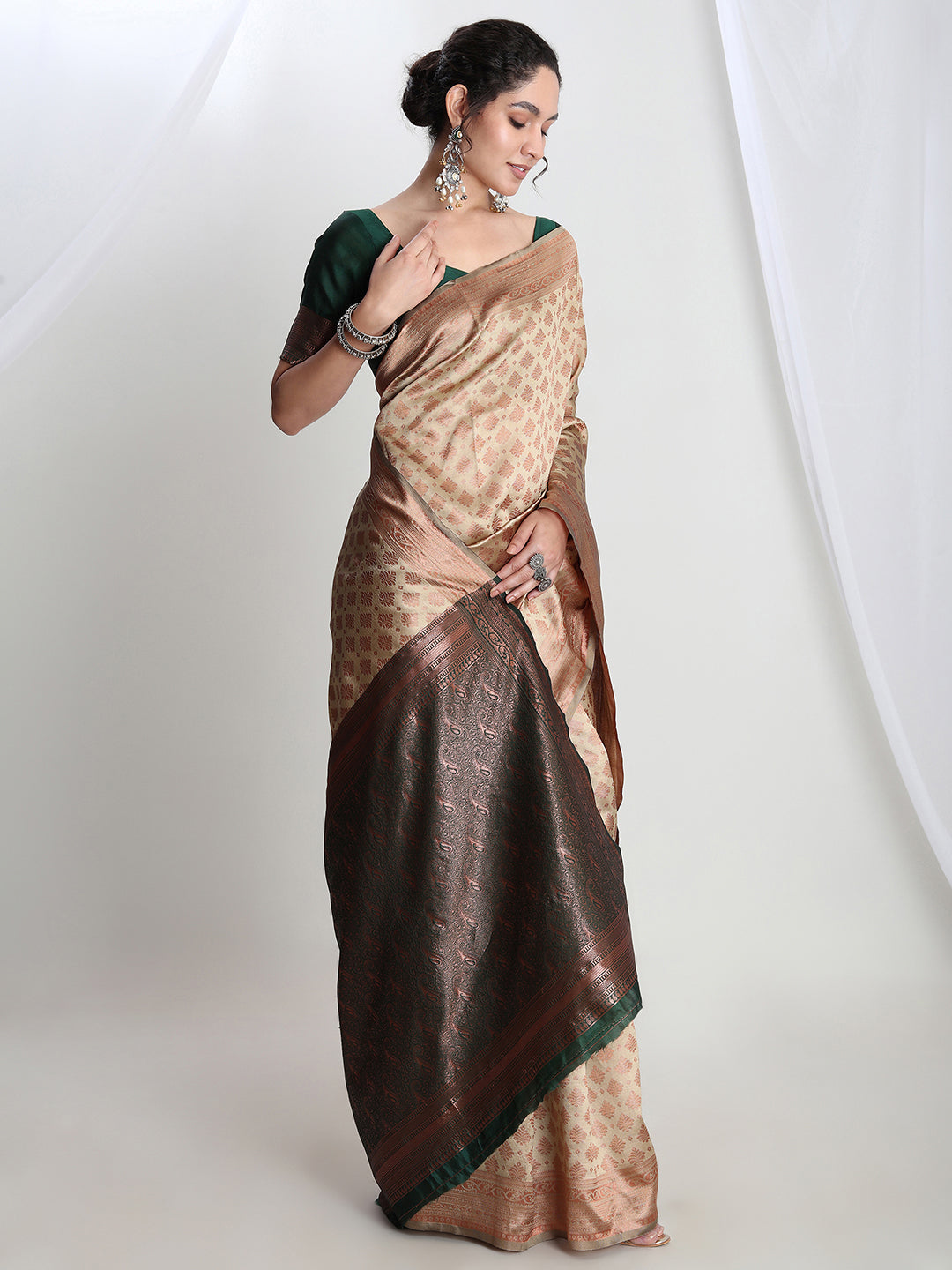 Janasya Beige Silk Blend Ethnic Motifs Jacquard Grab2Buy 