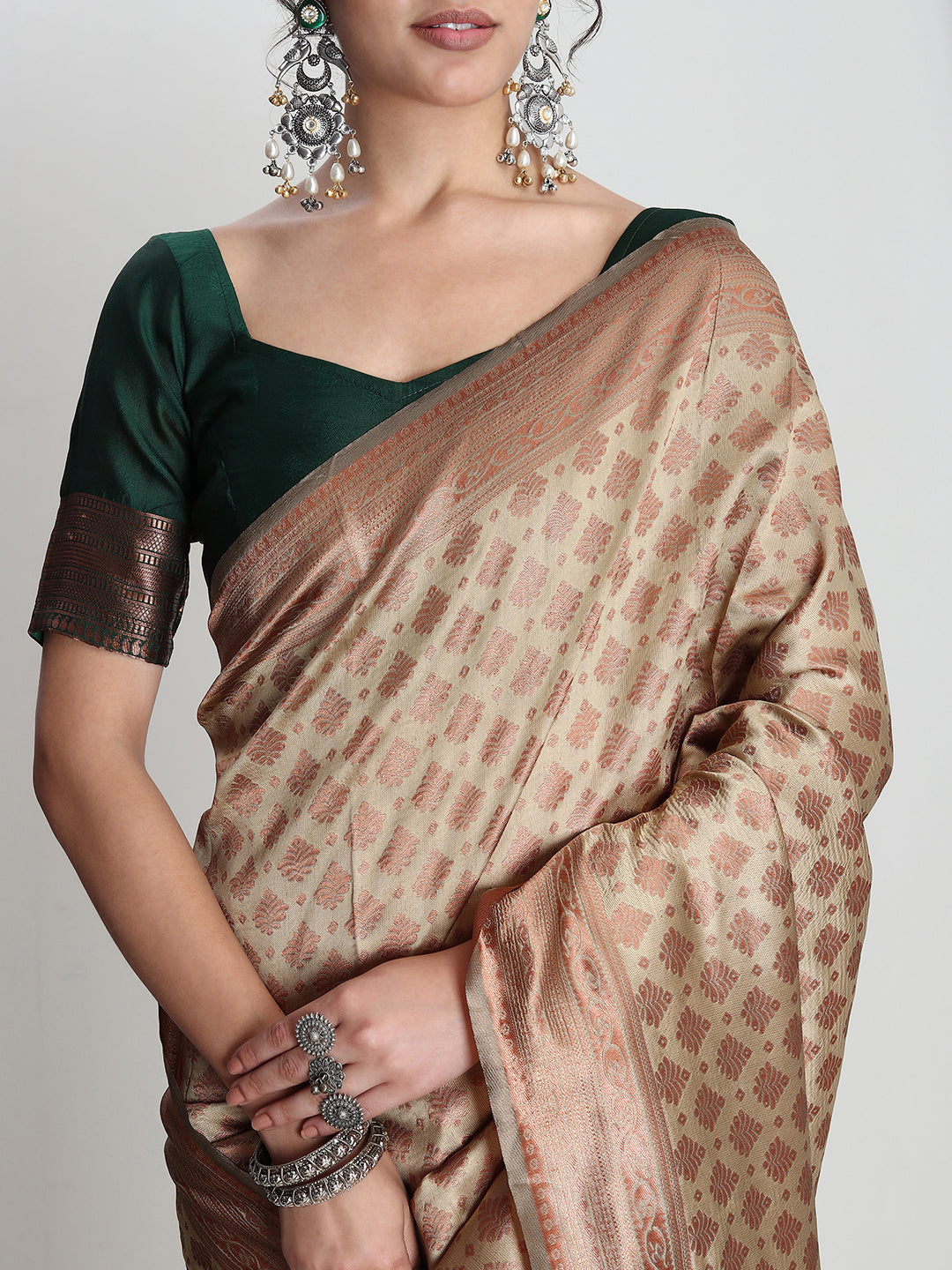 Janasya Beige Silk Blend Ethnic Motifs Jacquard Grab2Buy 