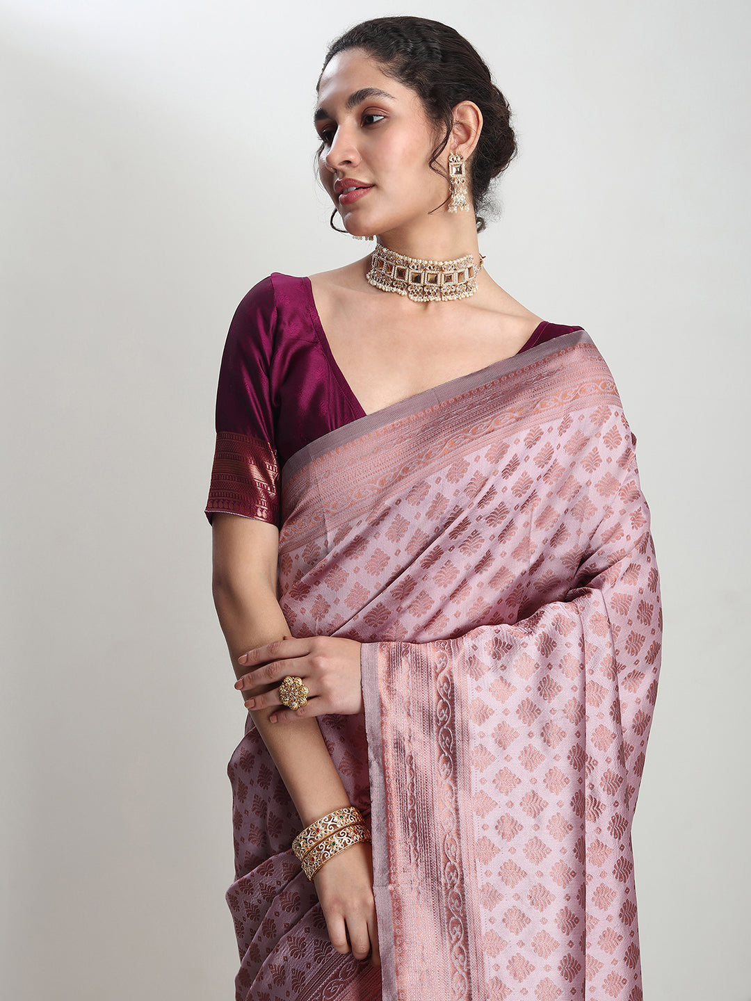 Janasya Dusty Pink Silk Blend Ethnic Motifs Jacquard Grab2Buy 