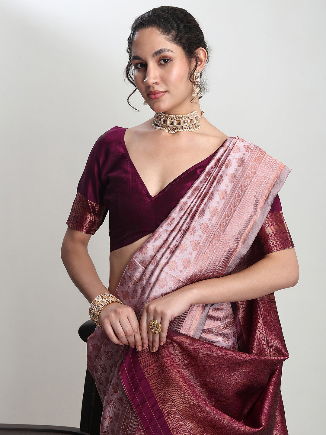 Janasya Dusty Pink Silk Blend Ethnic Motifs Jacquard Grab2Buy 