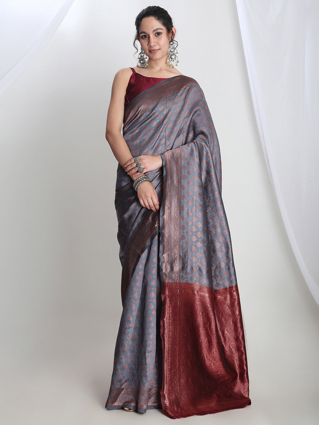 Janasya Grey Silk Blend Ethnic Motifs Jacquard Grab2Buy 