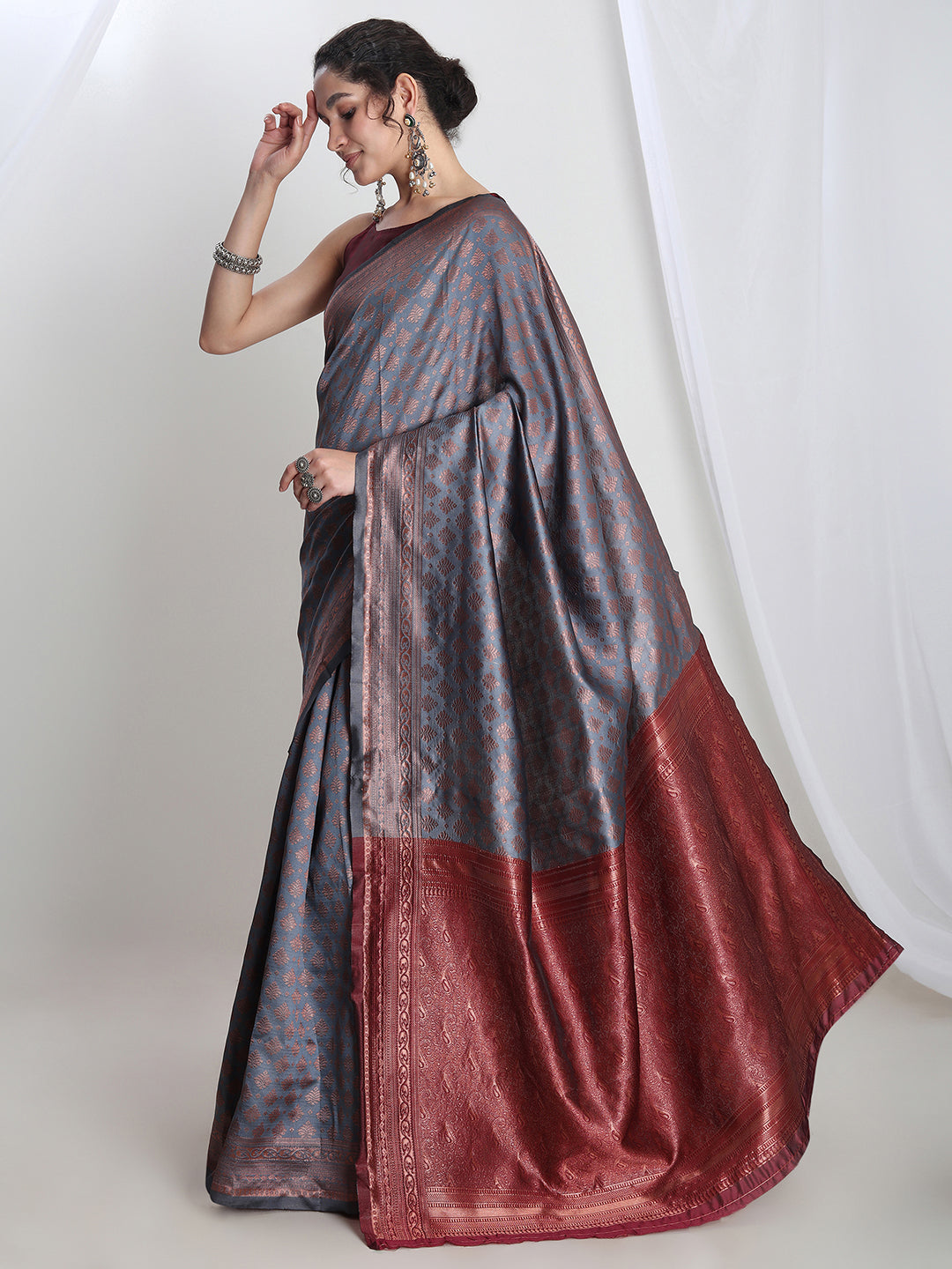 Janasya Grey Silk Blend Ethnic Motifs Jacquard Grab2Buy 