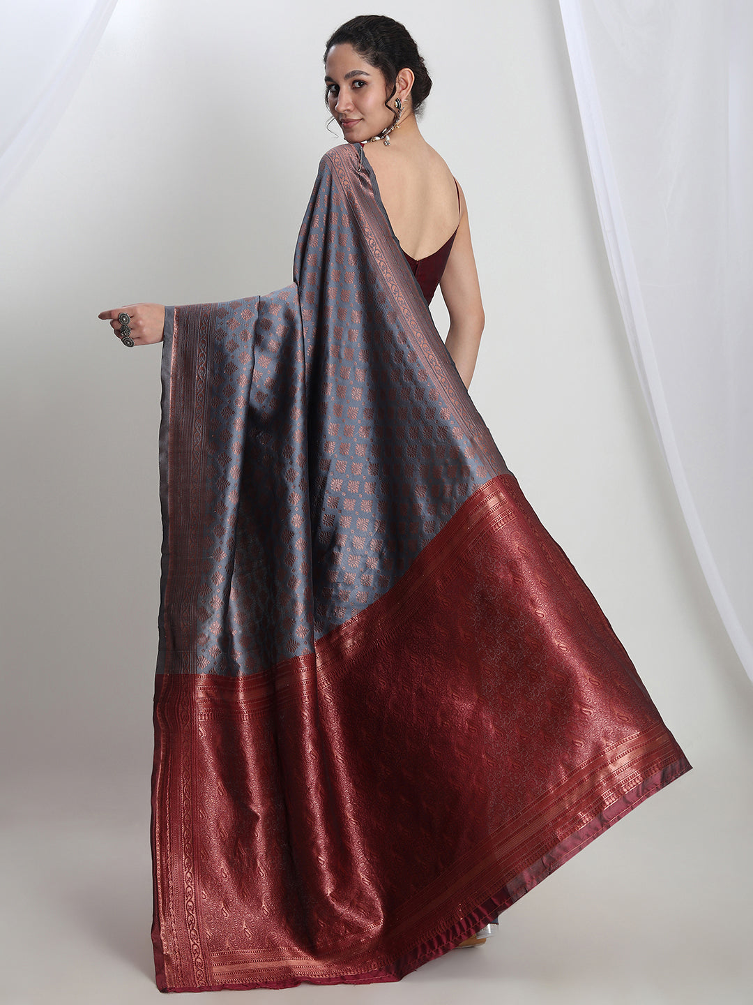 Janasya Grey Silk Blend Ethnic Motifs Jacquard Grab2Buy 