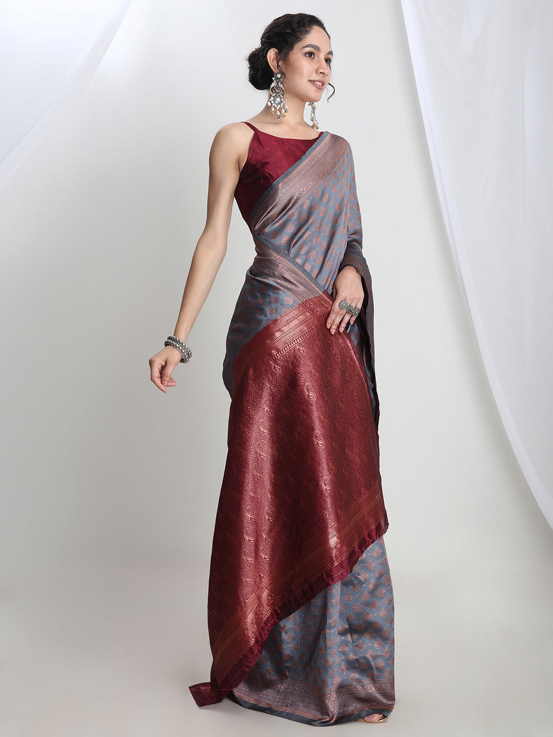Janasya Grey Silk Blend Ethnic Motifs Jacquard Grab2Buy 