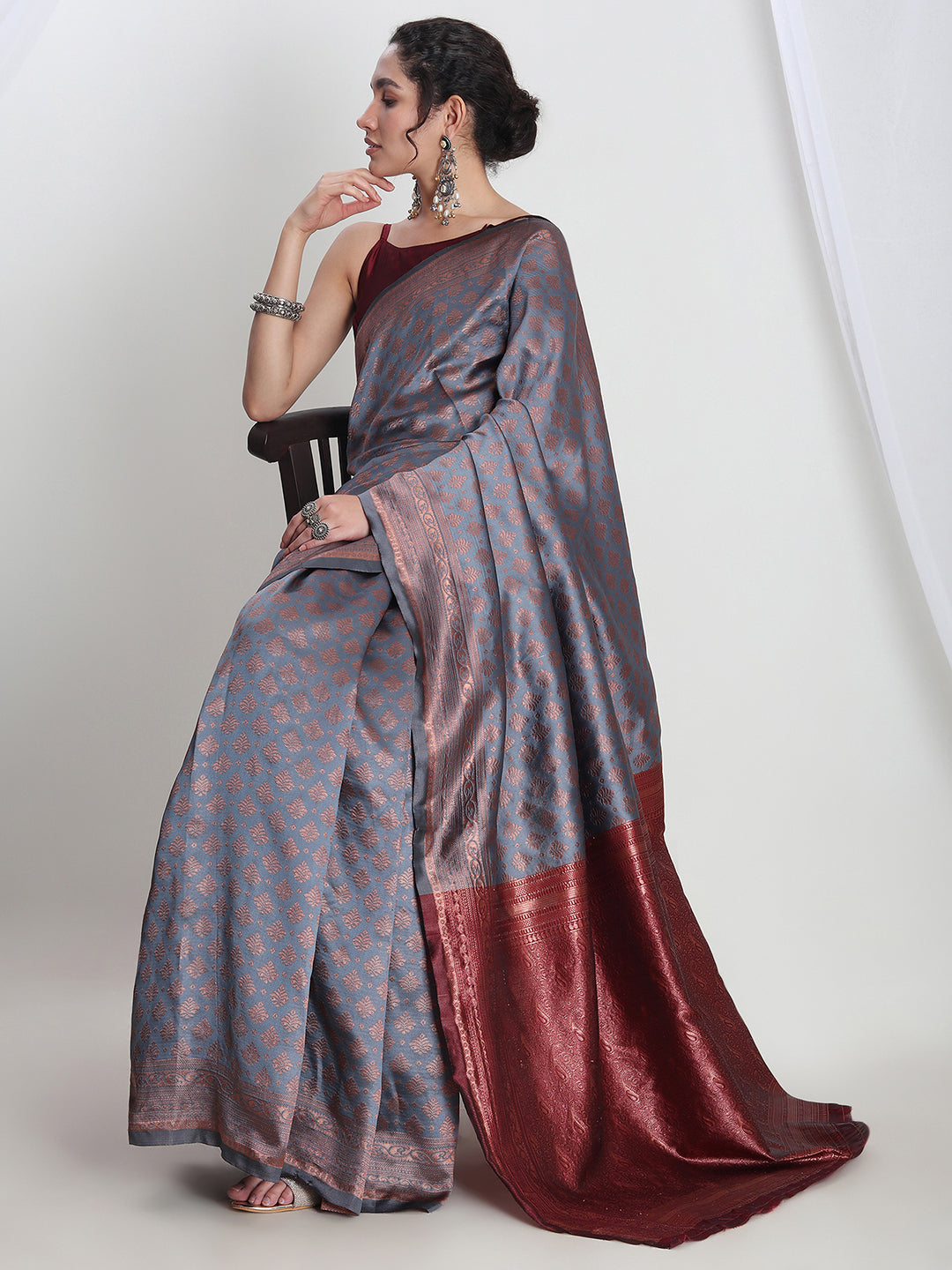 Janasya Grey Silk Blend Ethnic Motifs Jacquard Grab2Buy 