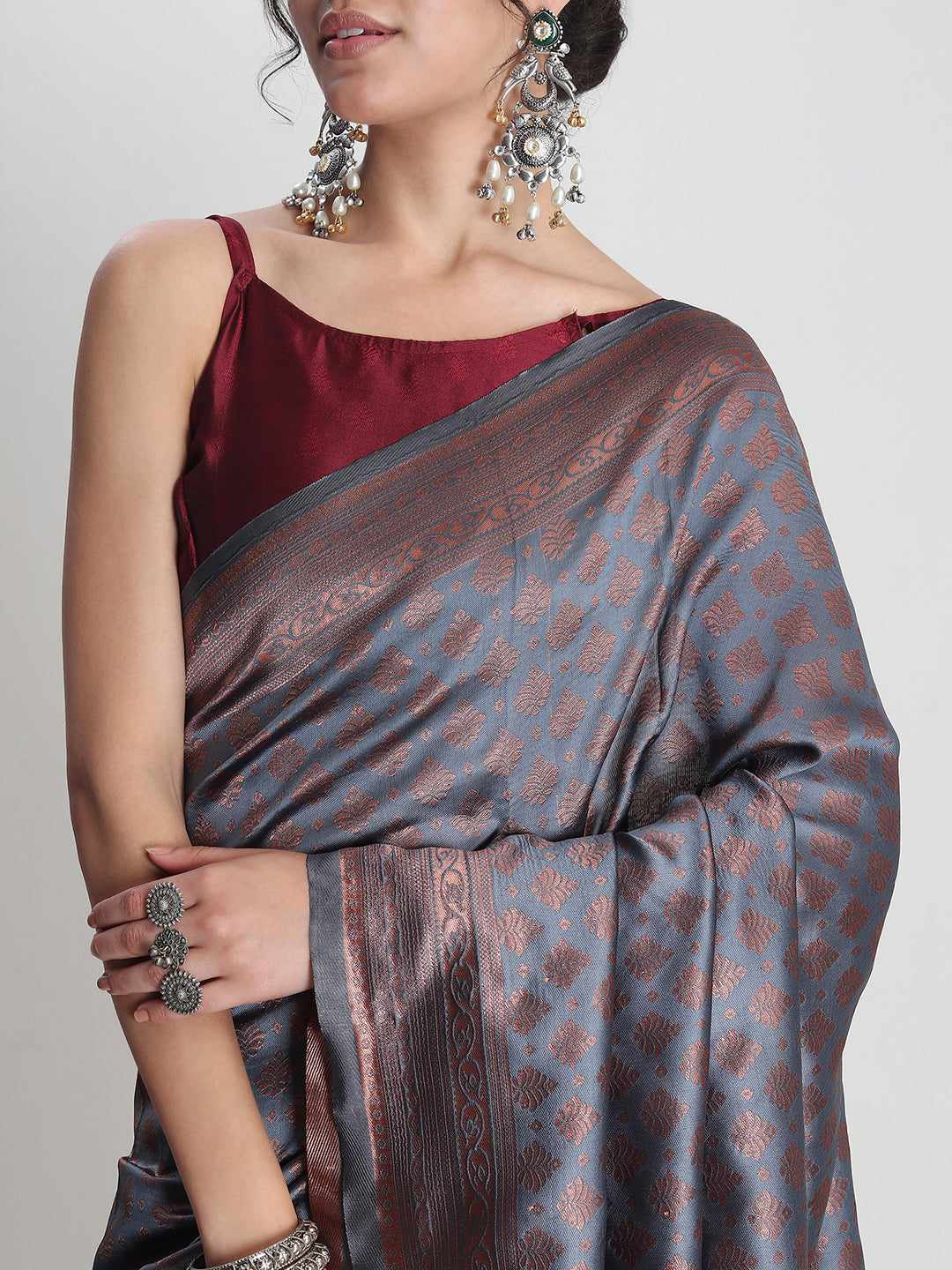 Janasya Grey Silk Blend Ethnic Motifs Jacquard Grab2Buy 