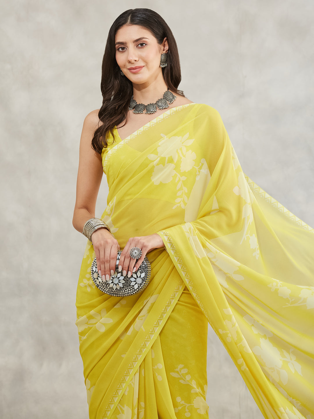 Janasya Lime Yellow Georgette Floral Printed Grab2Buy 