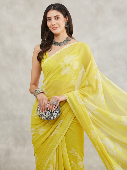 Janasya Lime Yellow Georgette Floral Printed Grab2Buy 