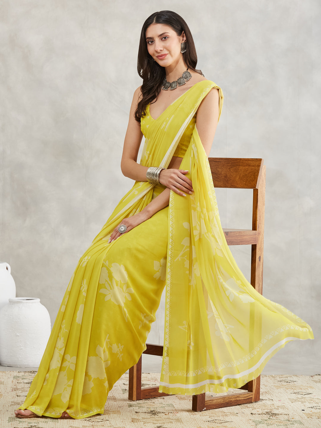 Janasya Lime Yellow Georgette Floral Printed Grab2Buy 