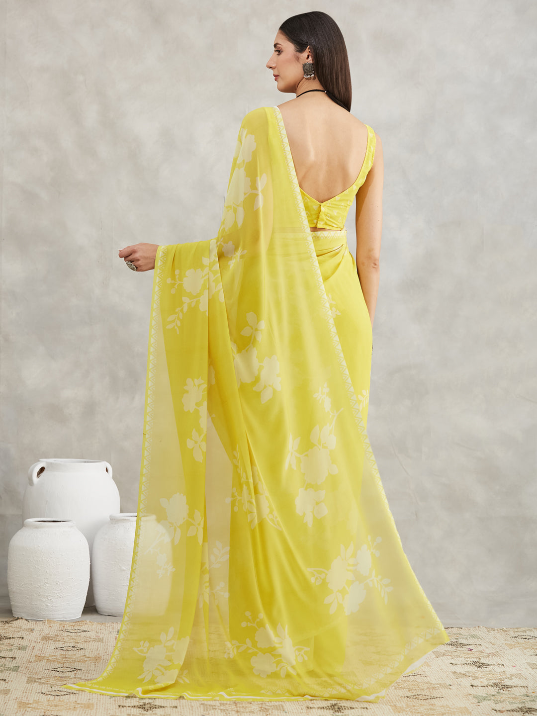 Janasya Lime Yellow Georgette Floral Printed Grab2Buy 