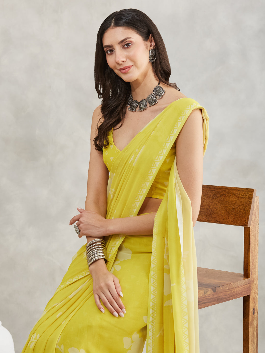 Janasya Lime Yellow Georgette Floral Printed Grab2Buy 