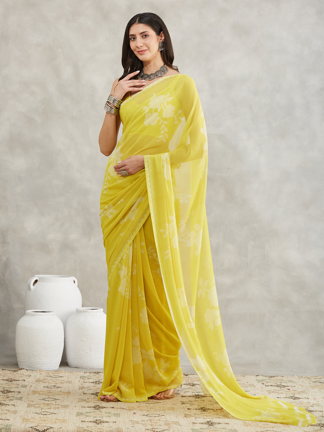 Janasya Lime Yellow Georgette Floral Printed Grab2Buy 