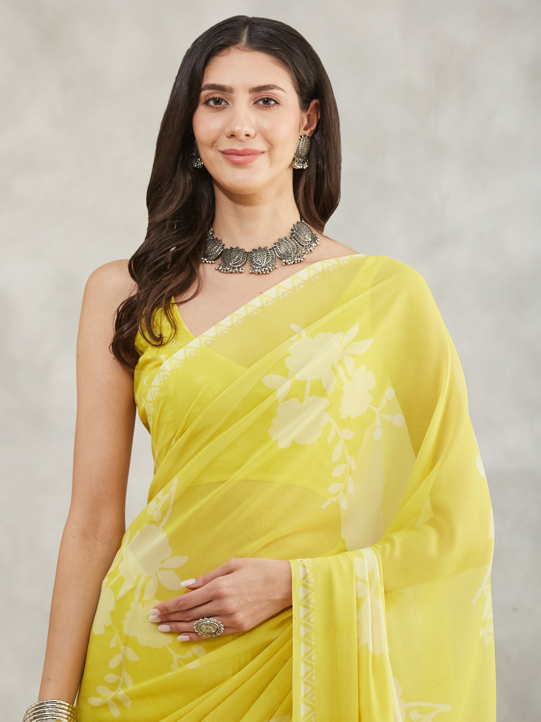 Janasya Lime Yellow Georgette Floral Printed Grab2Buy 