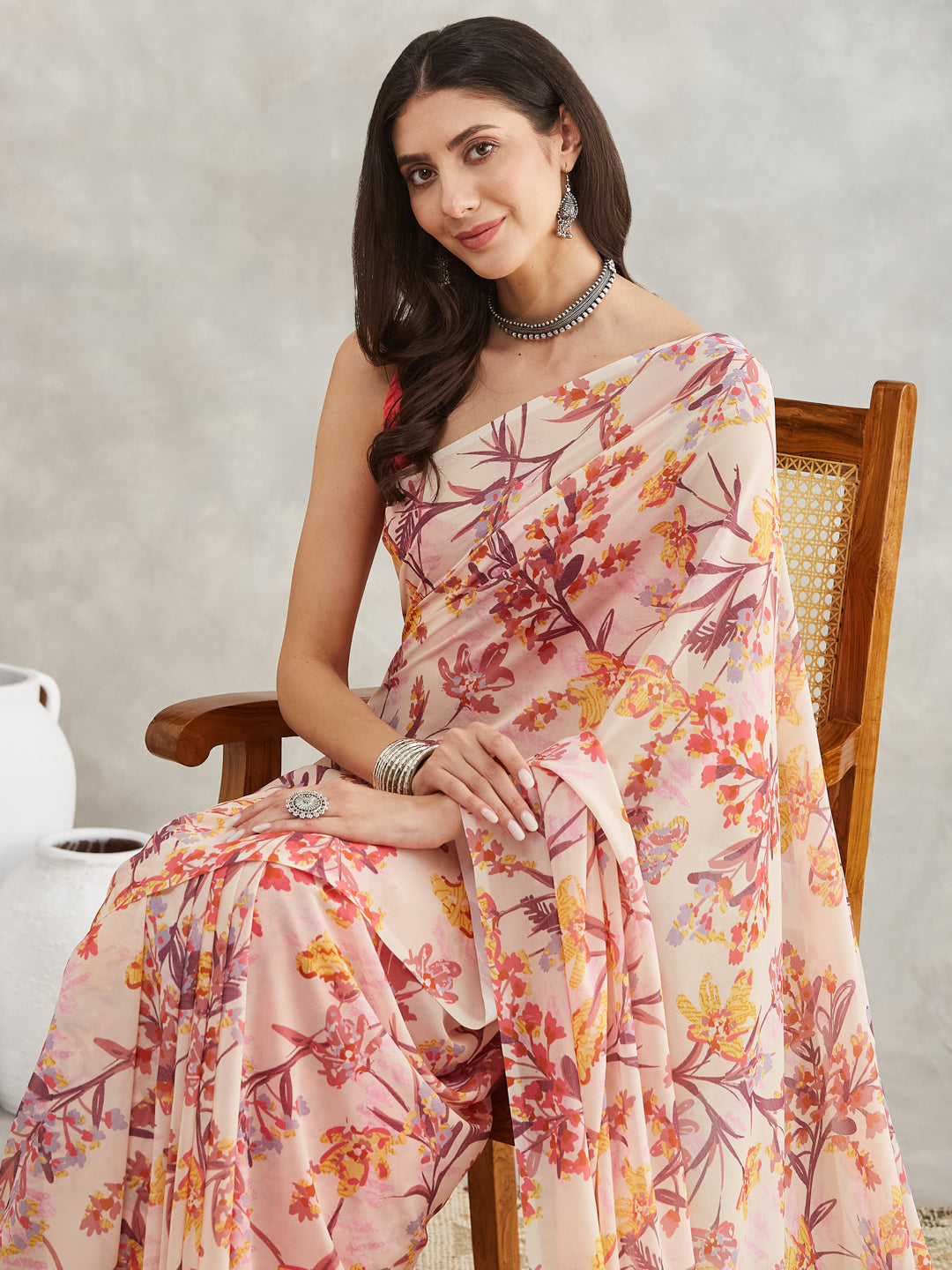 Janasya Cream Georgette Floral Printed Grab2Buy 