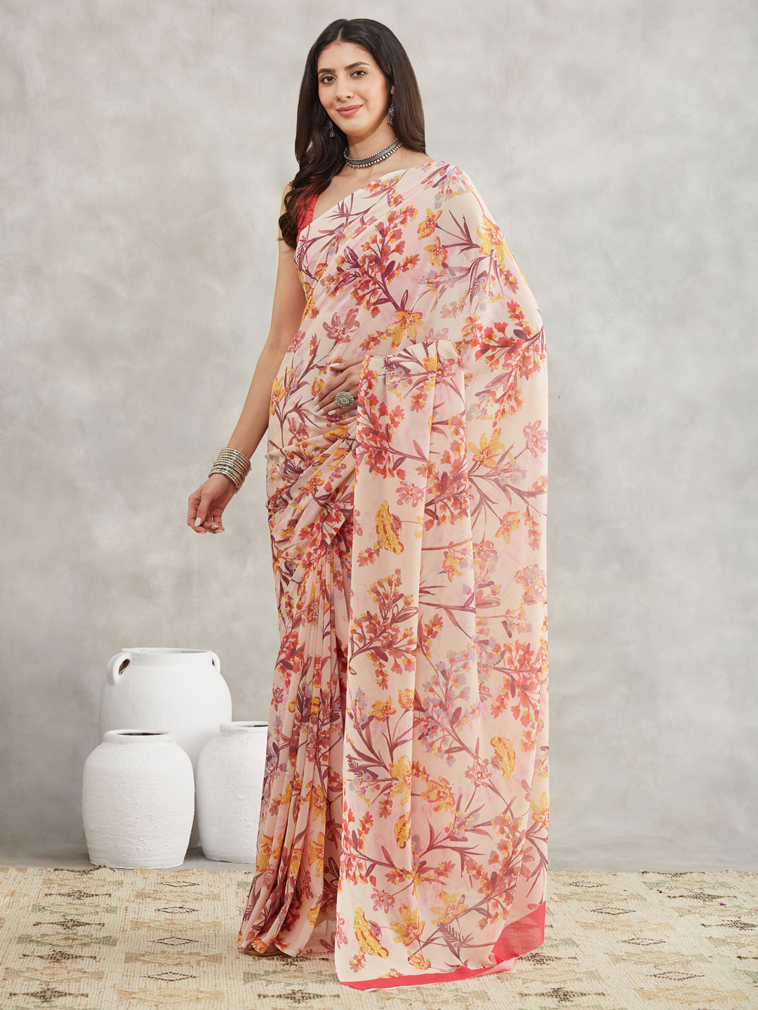 Janasya Cream Georgette Floral Printed Grab2Buy 