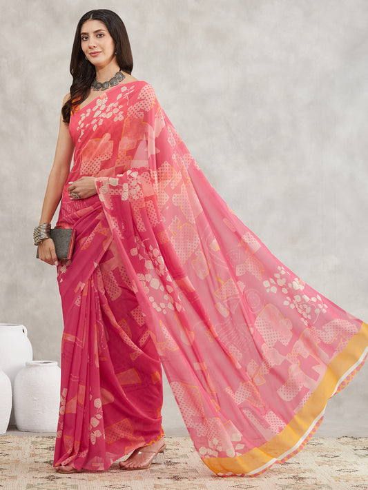 Janasya Pink Georgette Geometric Printed Grab2Buy 