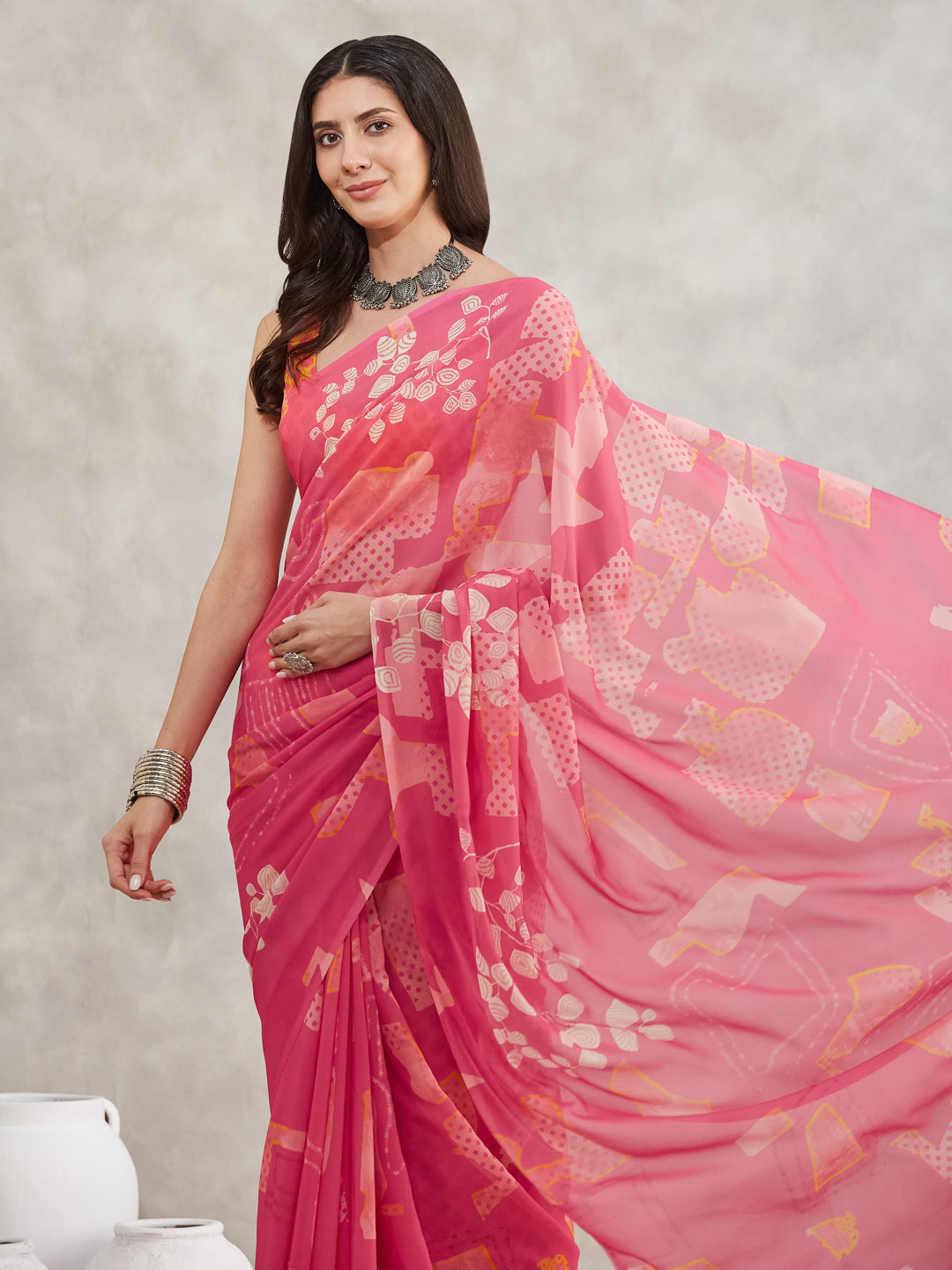 Janasya Pink Georgette Geometric Printed Grab2Buy 