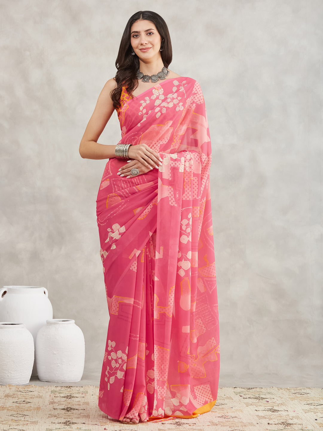 Janasya Pink Georgette Geometric Printed Grab2Buy 