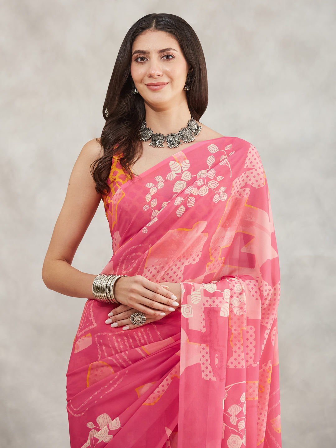 Janasya Pink Georgette Geometric Printed Grab2Buy 