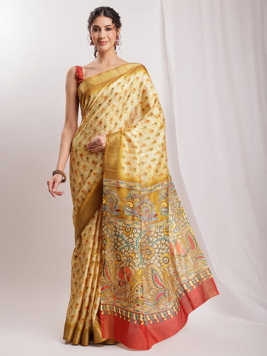 Janasya Olive Green Silk Blend Kalamkari Printed Grab2Buy 